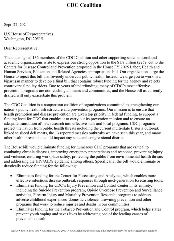 COPAFS 9-27-24 CDC Coaltion oppose House FY25 LHHS